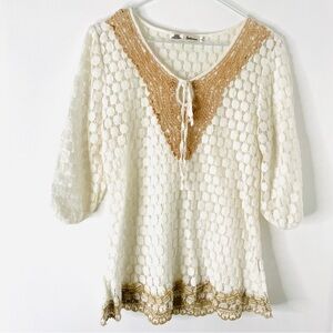Solitaire White Tan Crochet Bohemian Tunic Coverup Semi-Sheer Scalloped Hem